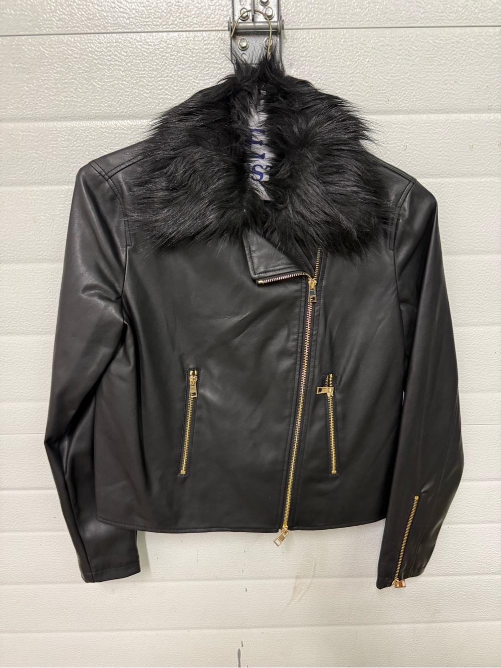 Tahari Black Leather Moto Jacket with Faux Fur Collar
